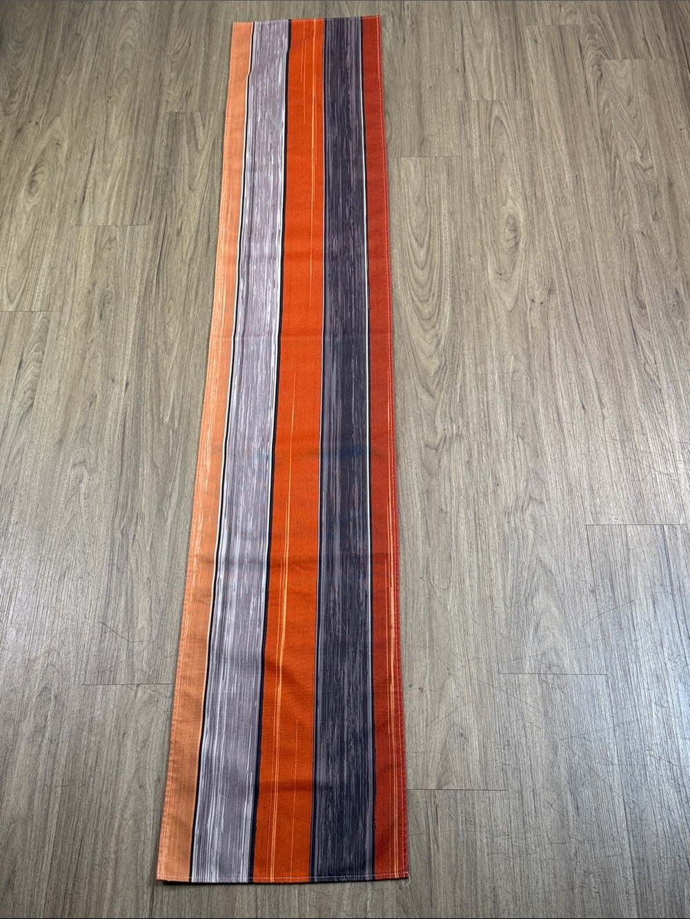 Striped Table Runner - Orange, Gray, Red Tones, 13” x 70”, Cotton & Rayon